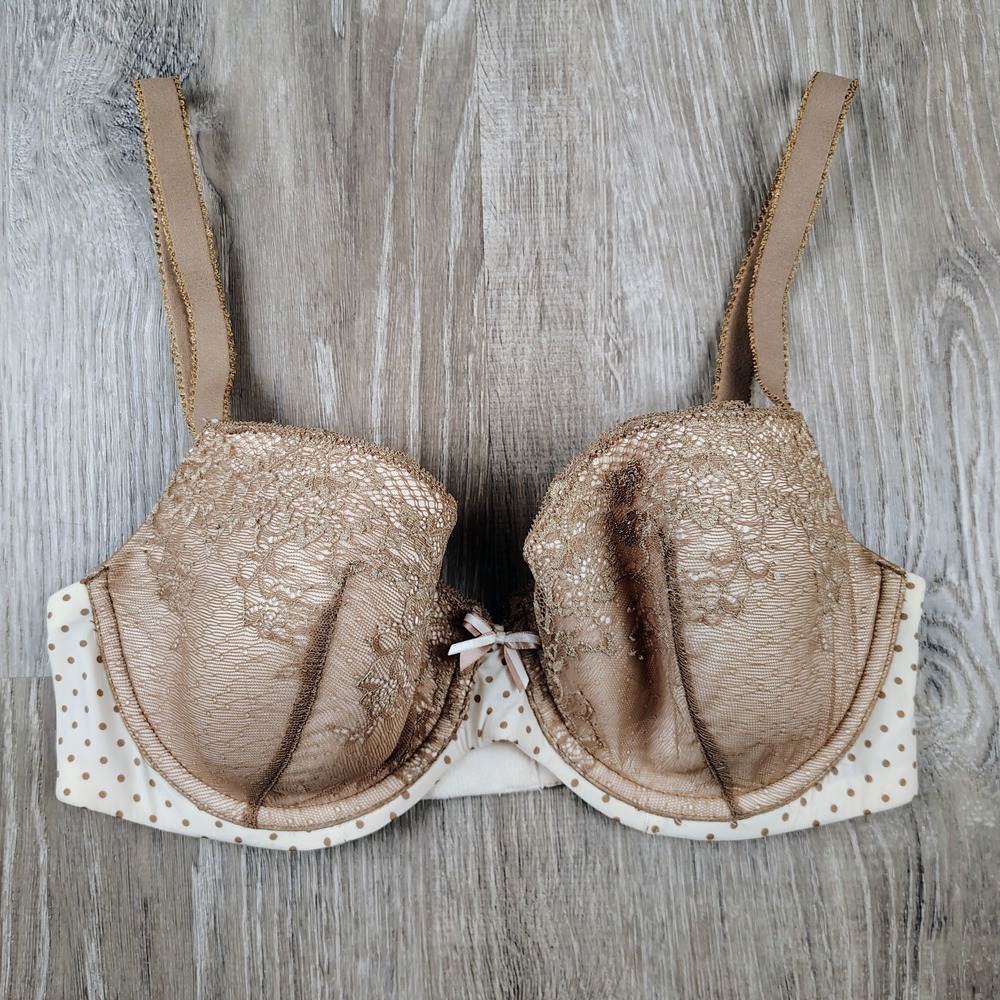 Parisa Bra Women's Brown Cream Lace‎ Underwire Lined Polka Dot 34DD